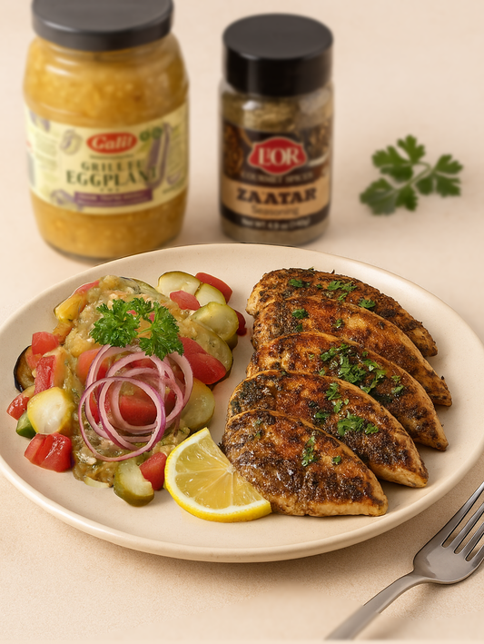 Za’atar grilled chicken with a fresh eggplant and pickle salad, garnished with lemon and parsley, with Galil products in the background.