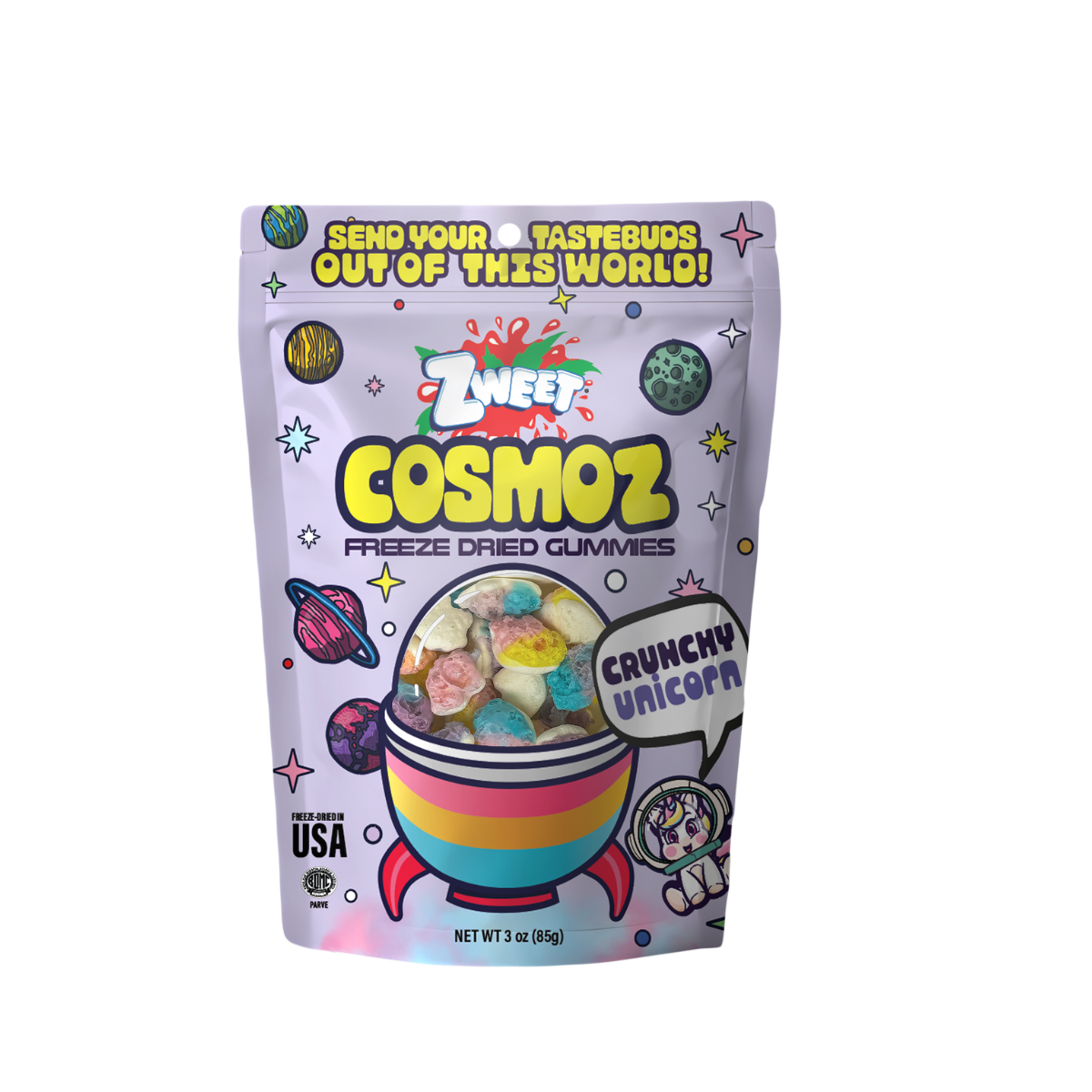 a bag of Zweet Cosmoz Freeze Dried Gummies Crunchy Unicorn