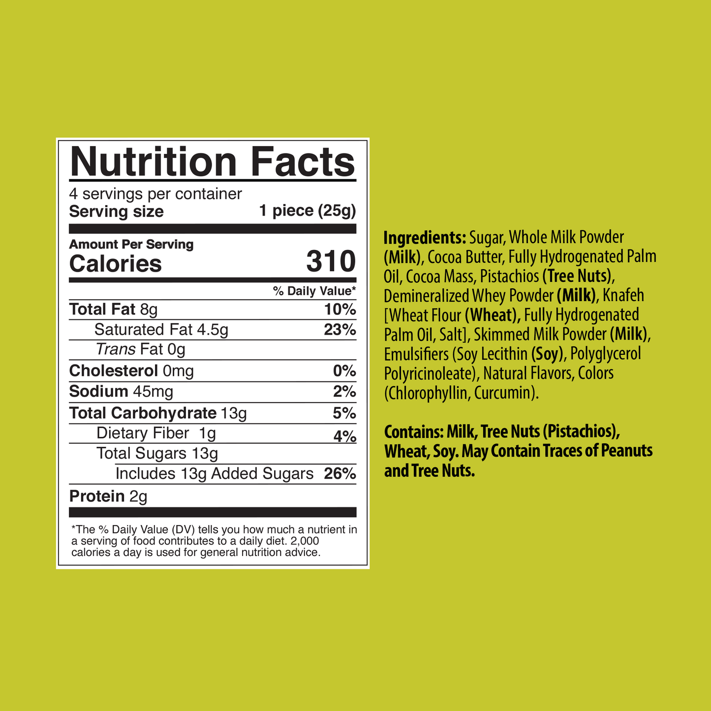 Nutrition label for Leonessa Dubai Chocolate showing ingredients like milk, pistachios, soy, and wheat.