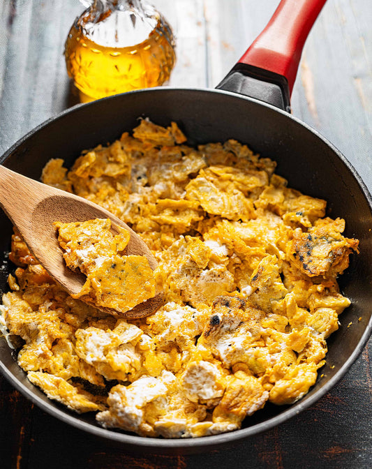 Avocado Oil Matzo Brei made with ShopGalil matzos, eggs, and avocado oil, pan-fried until crispy for a Passover breakfast.