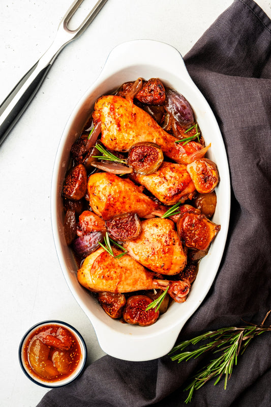 Moroccan chicken with dried fruit, cooked with ShopGalil apricots, figs, and spices for a flavorful Passover main dish.