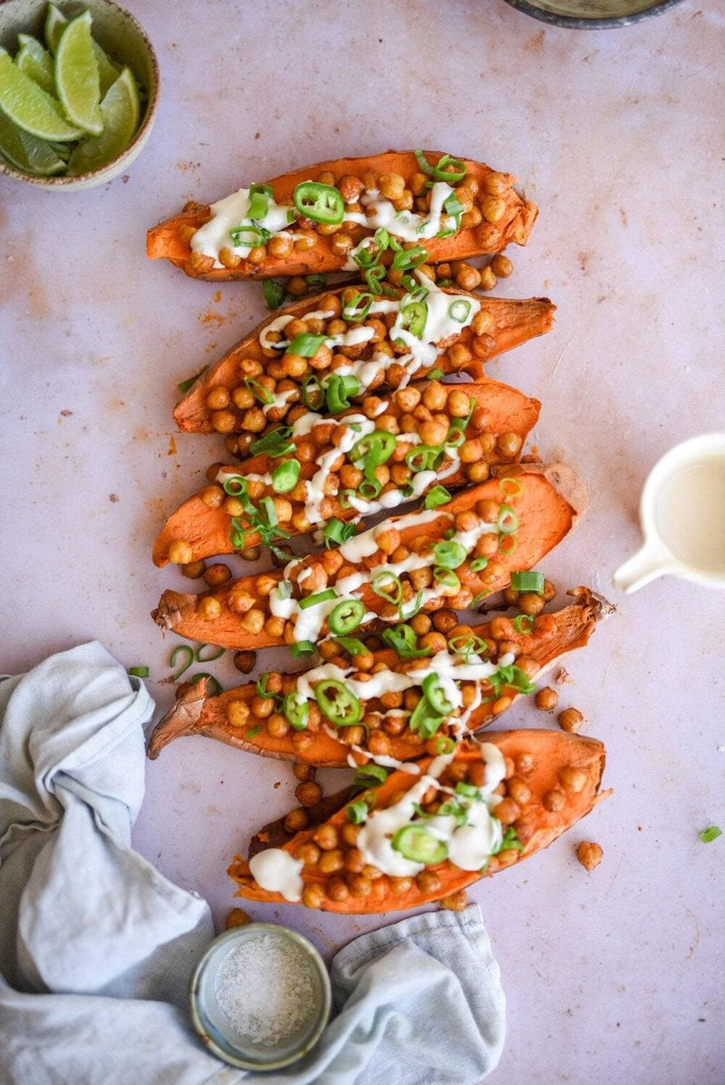 Chickpea and Tahini Topped Sweet Potatoes