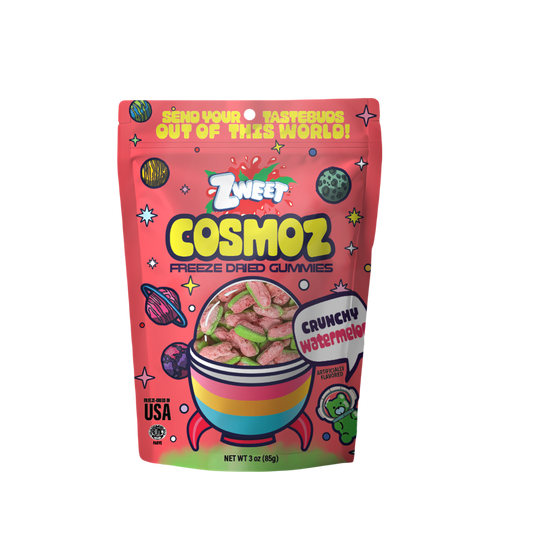 a bag of Zweet Cosmoz Freeze Dried Gummies Crunchy Watermelon