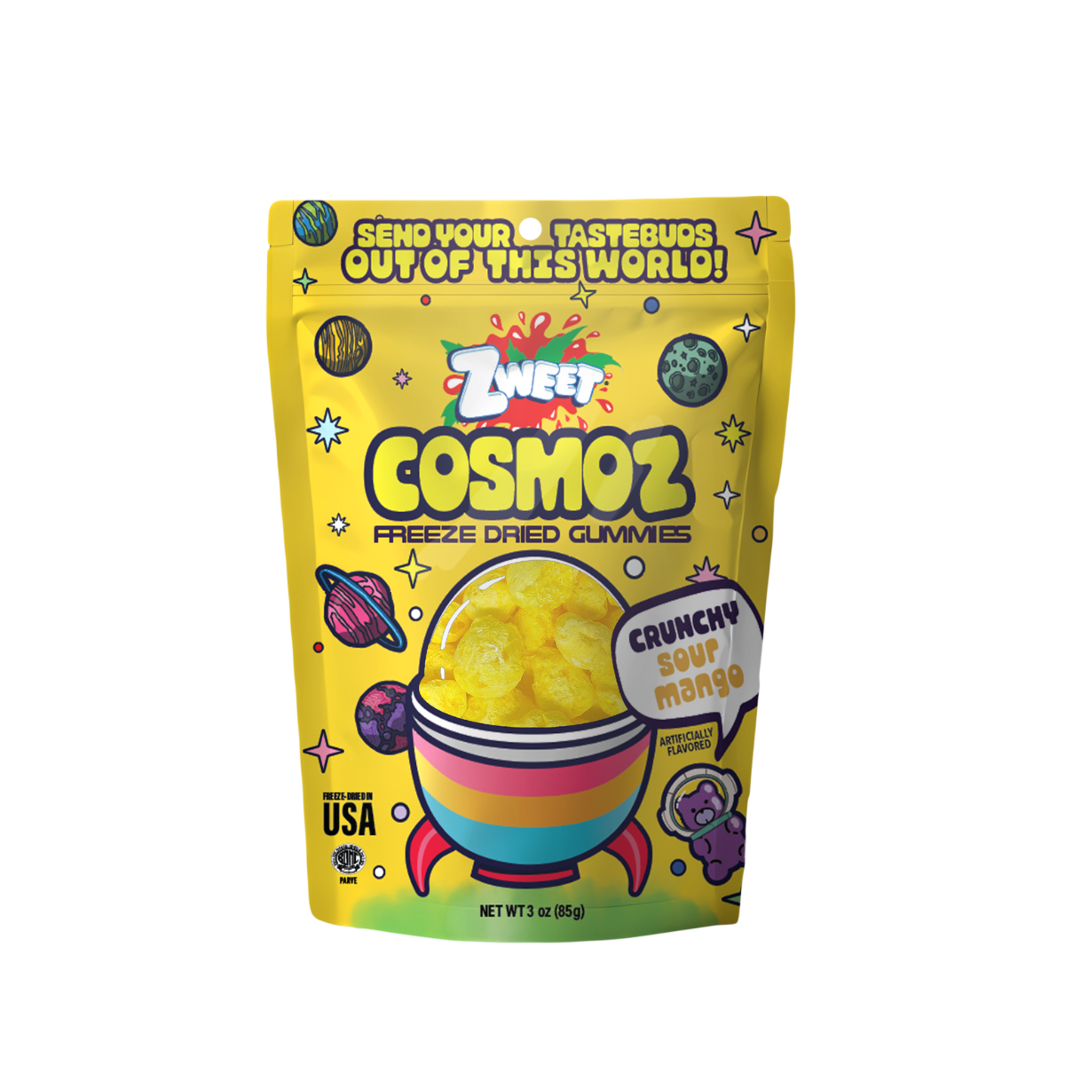 a bag of Zweet Cosmoz Freeze Dried Gummies Crunchy Soup Mango