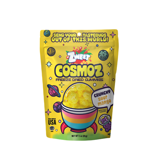 a bag of Zweet Cosmoz Freeze Dried Gummies Crunchy Soup Mango