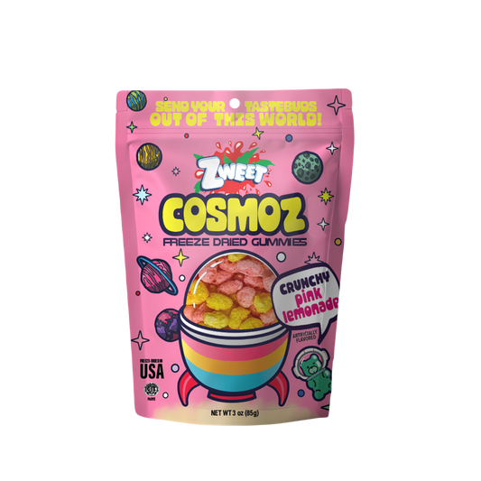 a bag of Zweet Cosmoz Freeze Dried Gummies Crunchy Pink Lemonade