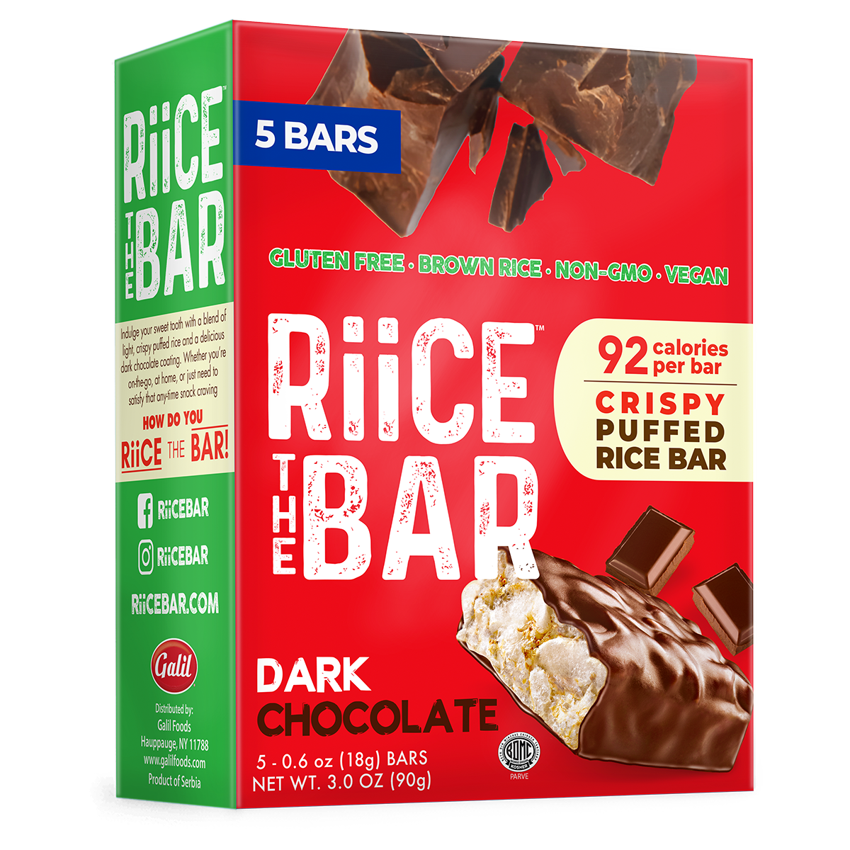 Dark Chocolate Puffed Rice Bar | 5 Bars x 0.6 oz | RiiCE the Bar