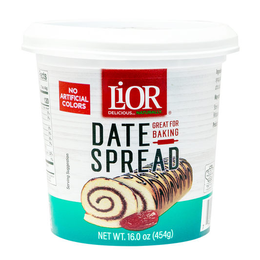 Lior Date Spread in a white plastic tub, labeled great for baking with no artificial colors.