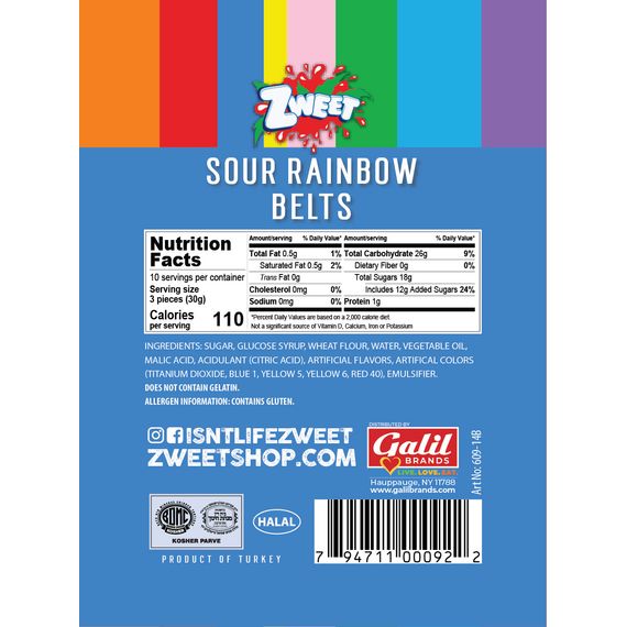 Sour Rainbow Belts  | Zweet | 10 oz