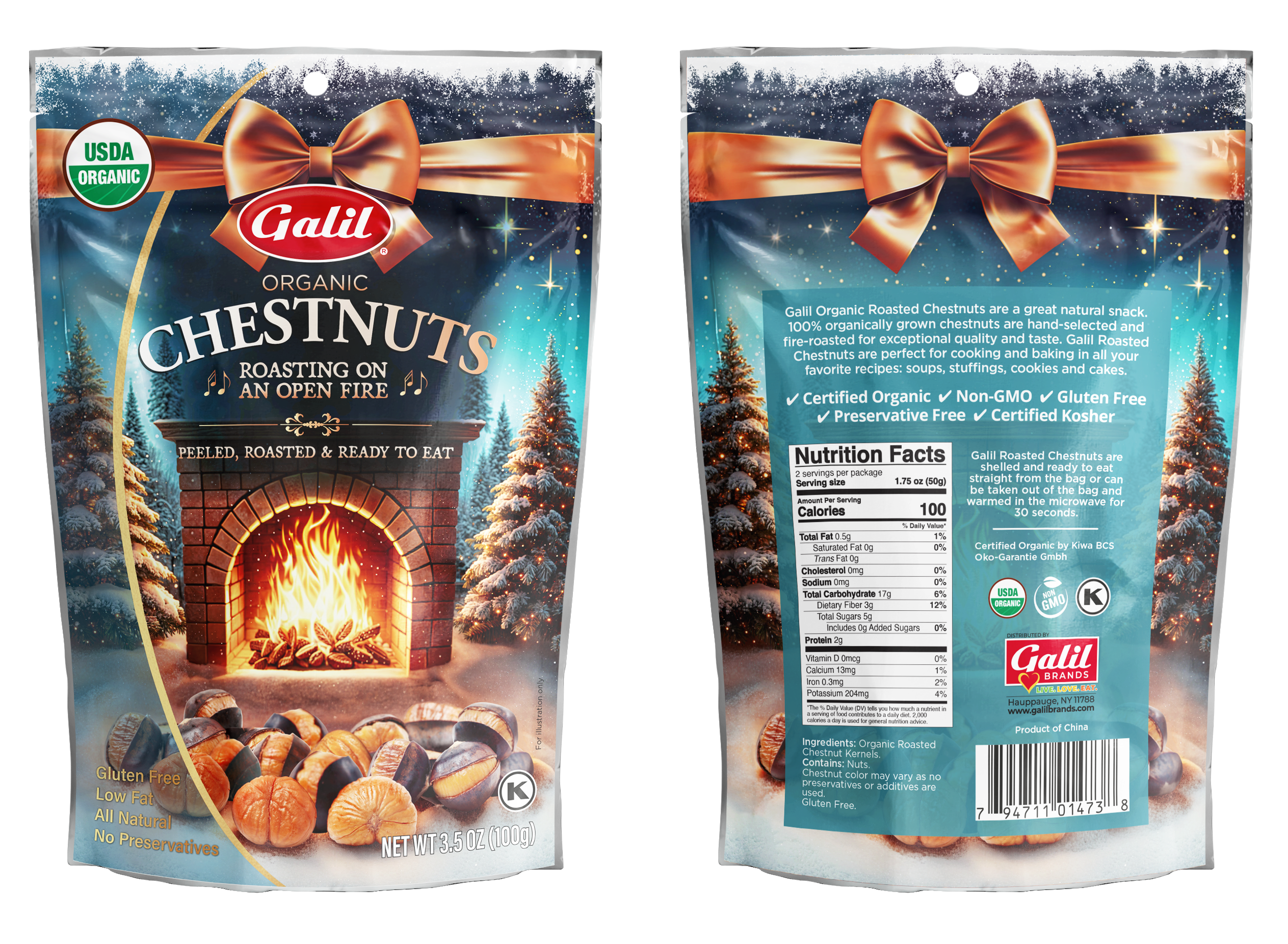Organic Roasted Chestnuts | Peeled & Ready to Eat | 3.5 oz | Galil