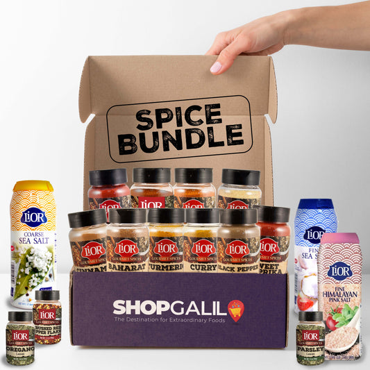 A Passover spice bundle featuring gourmet seasonings, salts, and herbs from Shop Galil to enhance every meal.